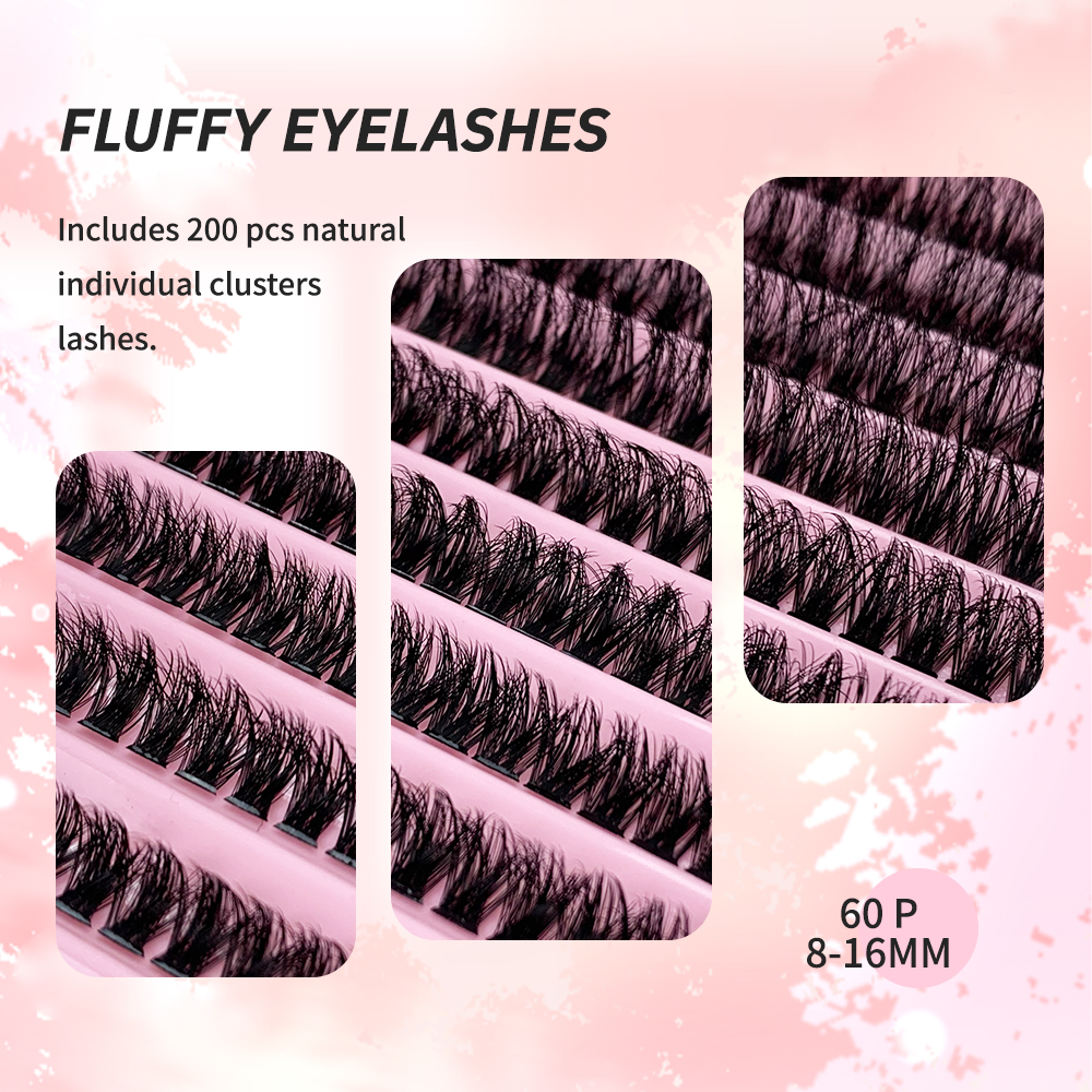 60D D Curl 8-16mm Cluster Individual Eyelashes Fluffy Messy Style Mink Lash Extensions Soft 200 Bundles Mixed Length DIY Make Up (2)
