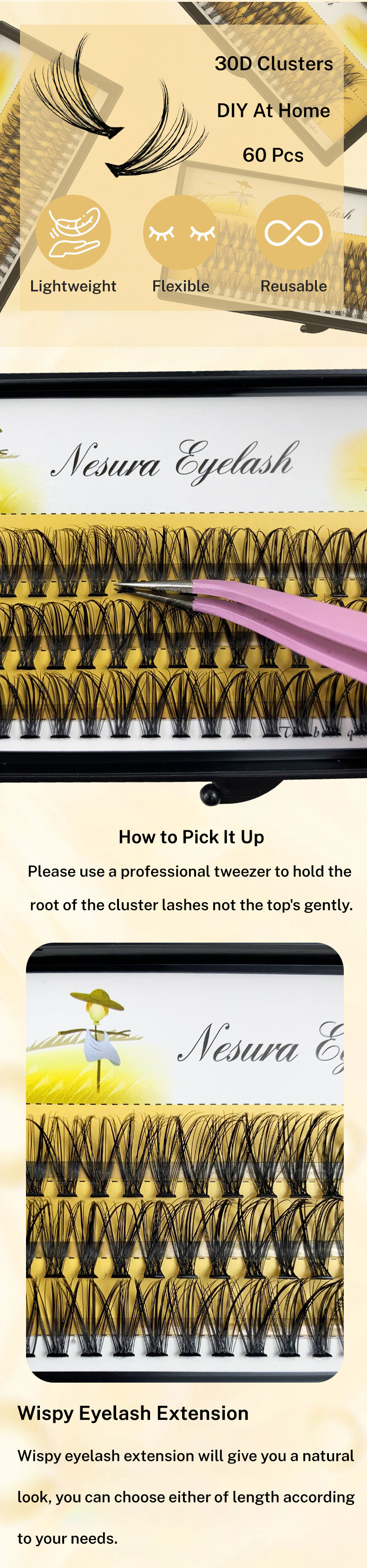 Cluster Lashes Extensions 30D 14mm Mink Individual DIY Natural Long Fake Eyelashes Segmented Fans 3 Rows Handmade Faux Fluffy (3)
